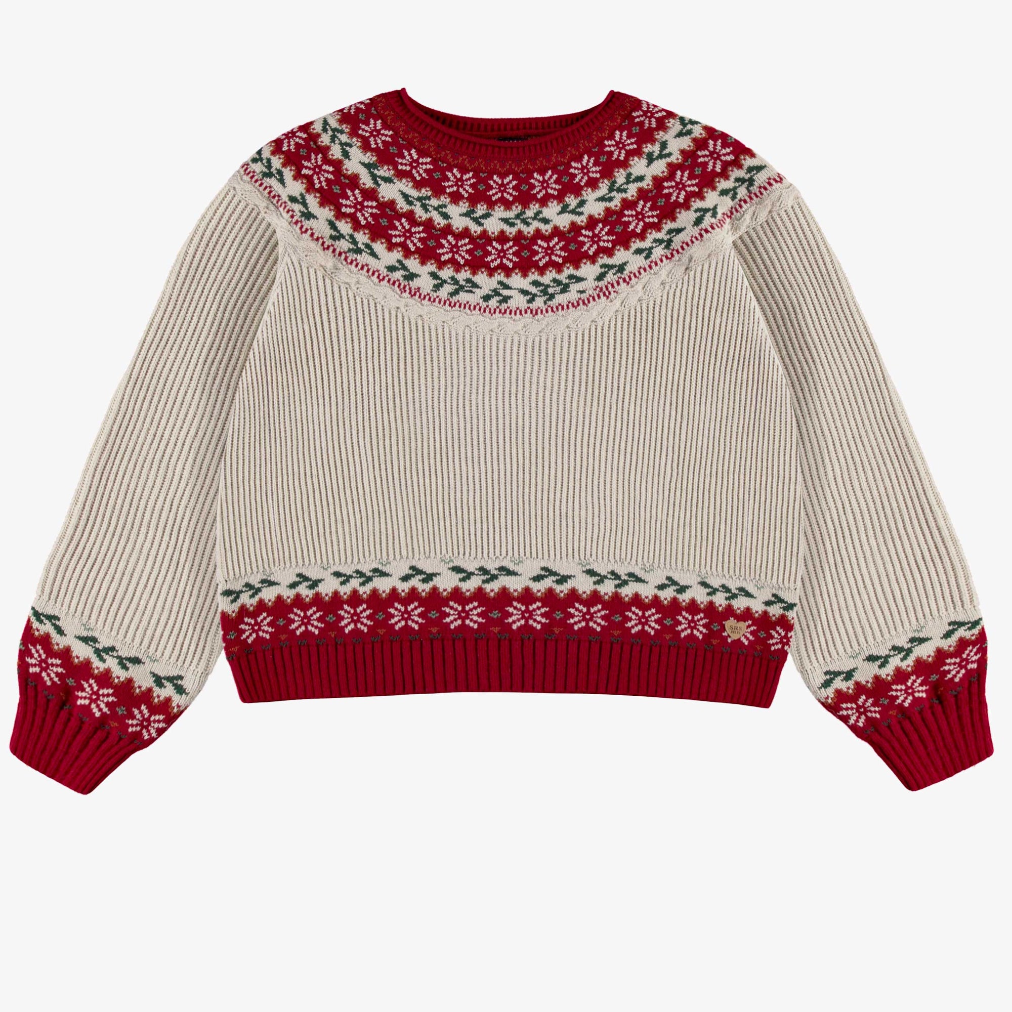 Chandail de maille crème et rouge à motifs des fêtes, adulte || Cream and red knit sweater with holiday all over print, adult