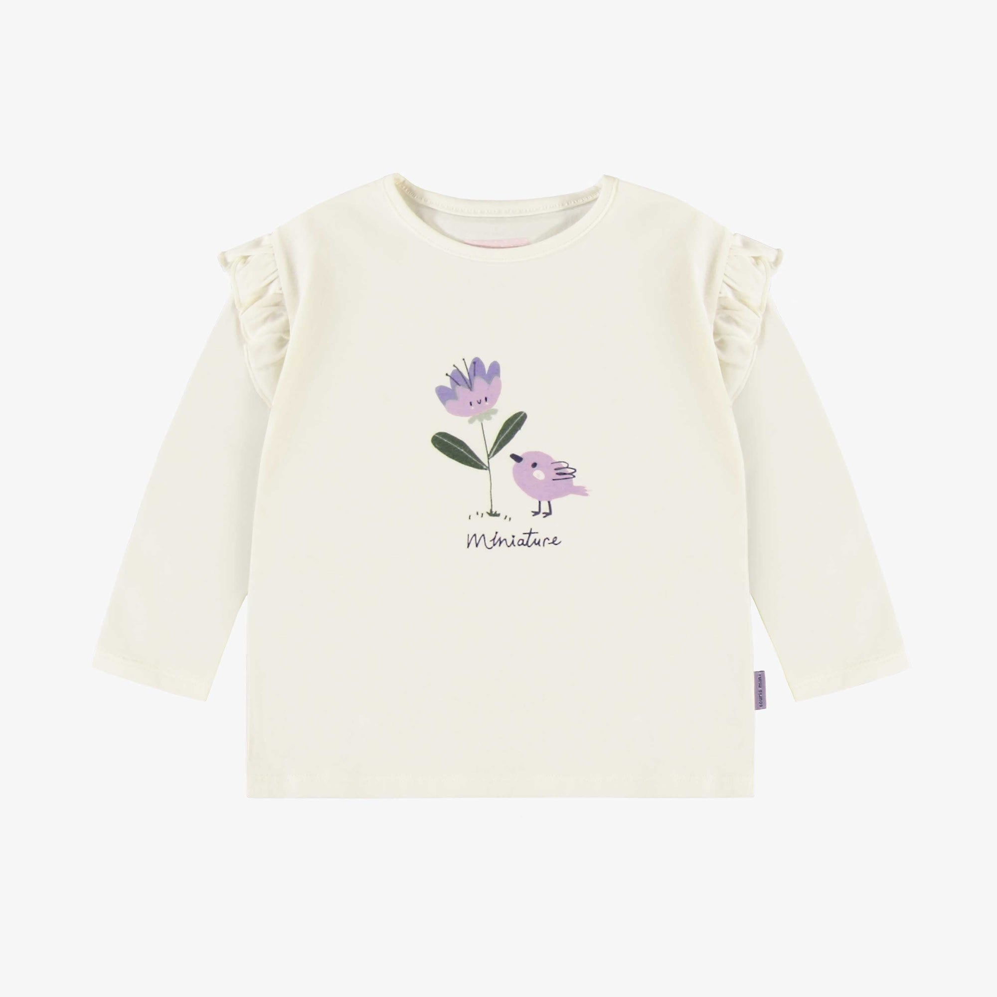 T-shirt crème à manches longues avec volants à illustration en jersey extensible, bébé || Cream t-shirt with long sleeves and ruffles in stretch jersey, baby