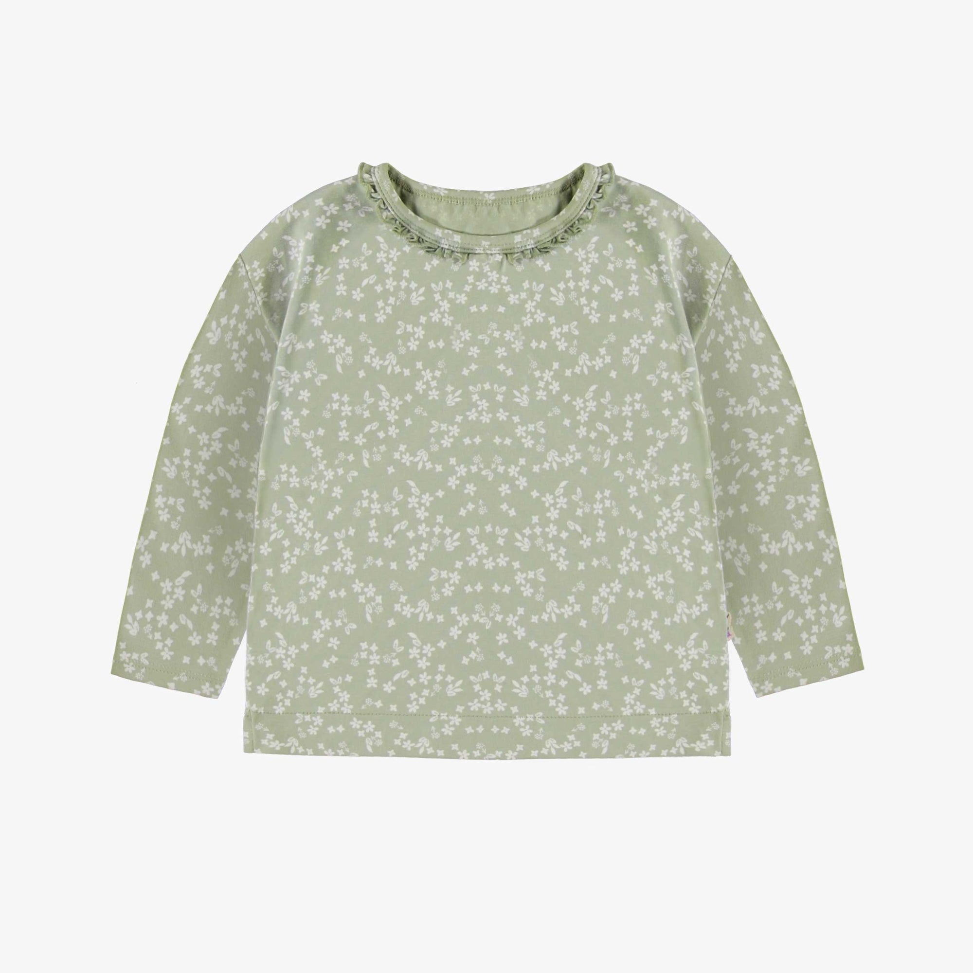 T-shirt à manches longues de coupe décontractée vert fleuri en jersey, bébé || Green long-sleeved t-shirt with a floral print in jersey, baby