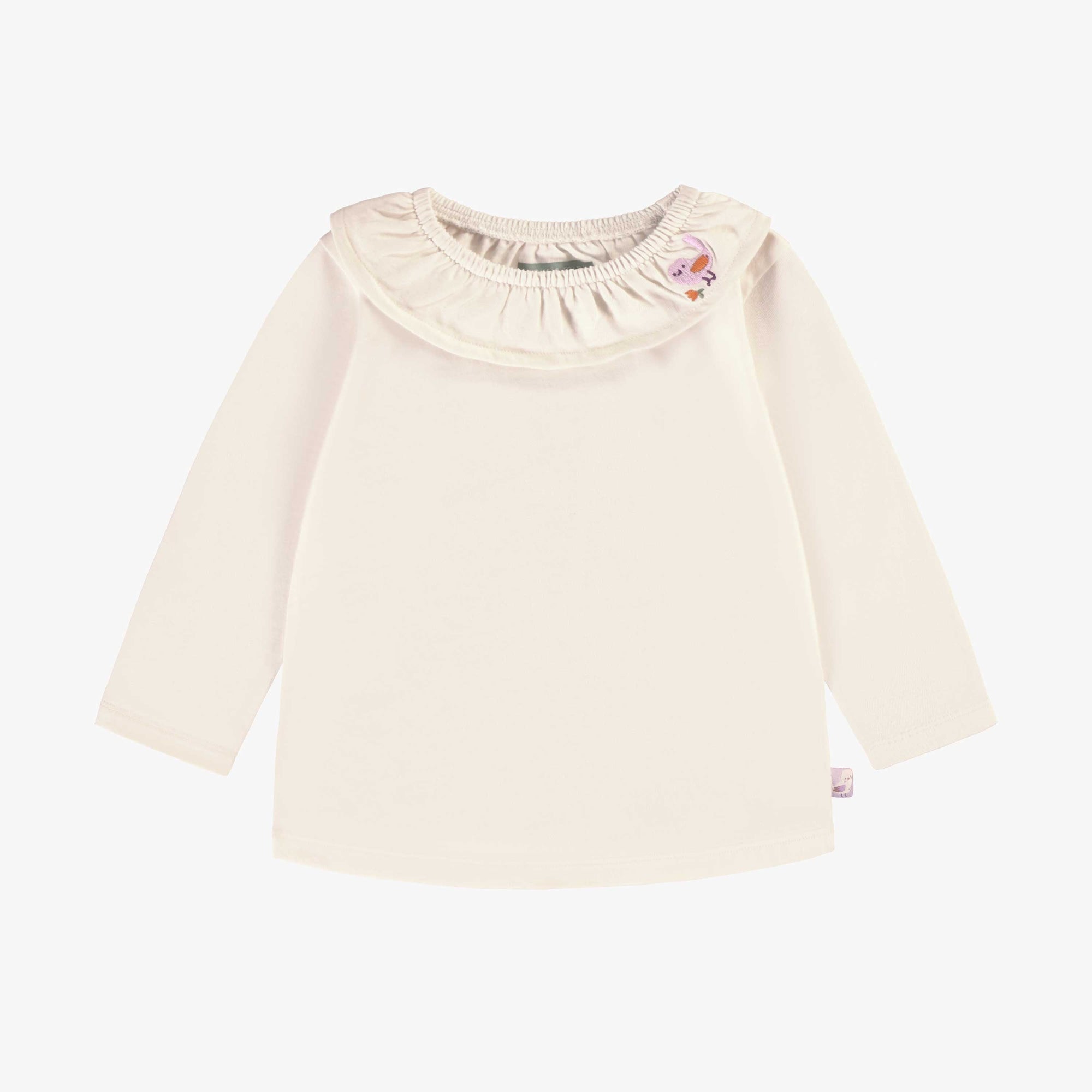 T-shirt crème avec col rond à volant en jersey, bébé || Cream t-shirt with round neck with ruffle in jersey, baby