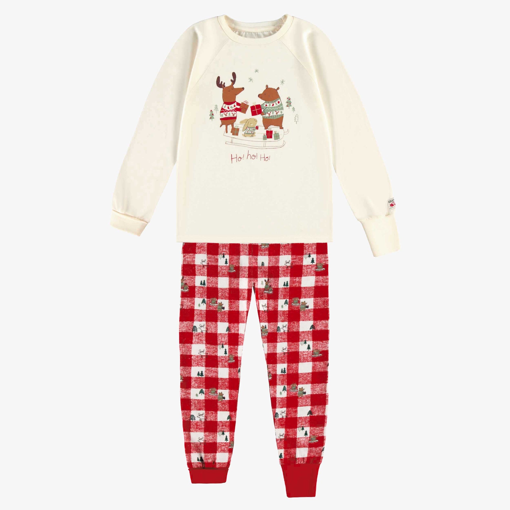 Pyjama deux pièces crème en jersey à motifs des fêtes et carreaux, enfant || Cream and red two piece pajamas in jersey with holiday all over print and plaid, child