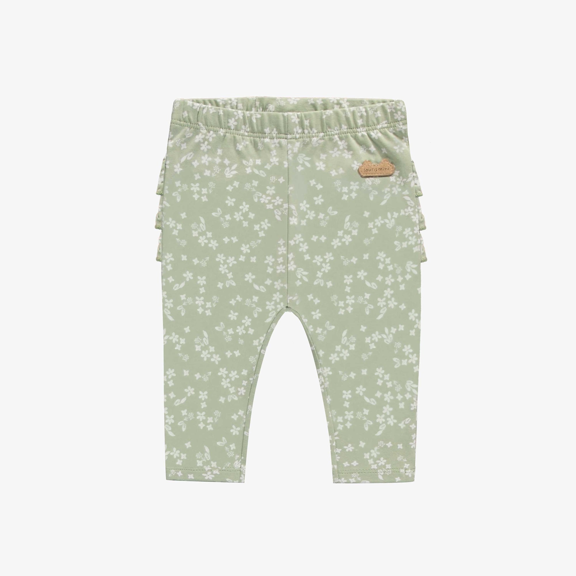 Legging vert sauge fleuri à volants en jersey, naissance || Floral sage green leggings with ruffles in jersey, newborn