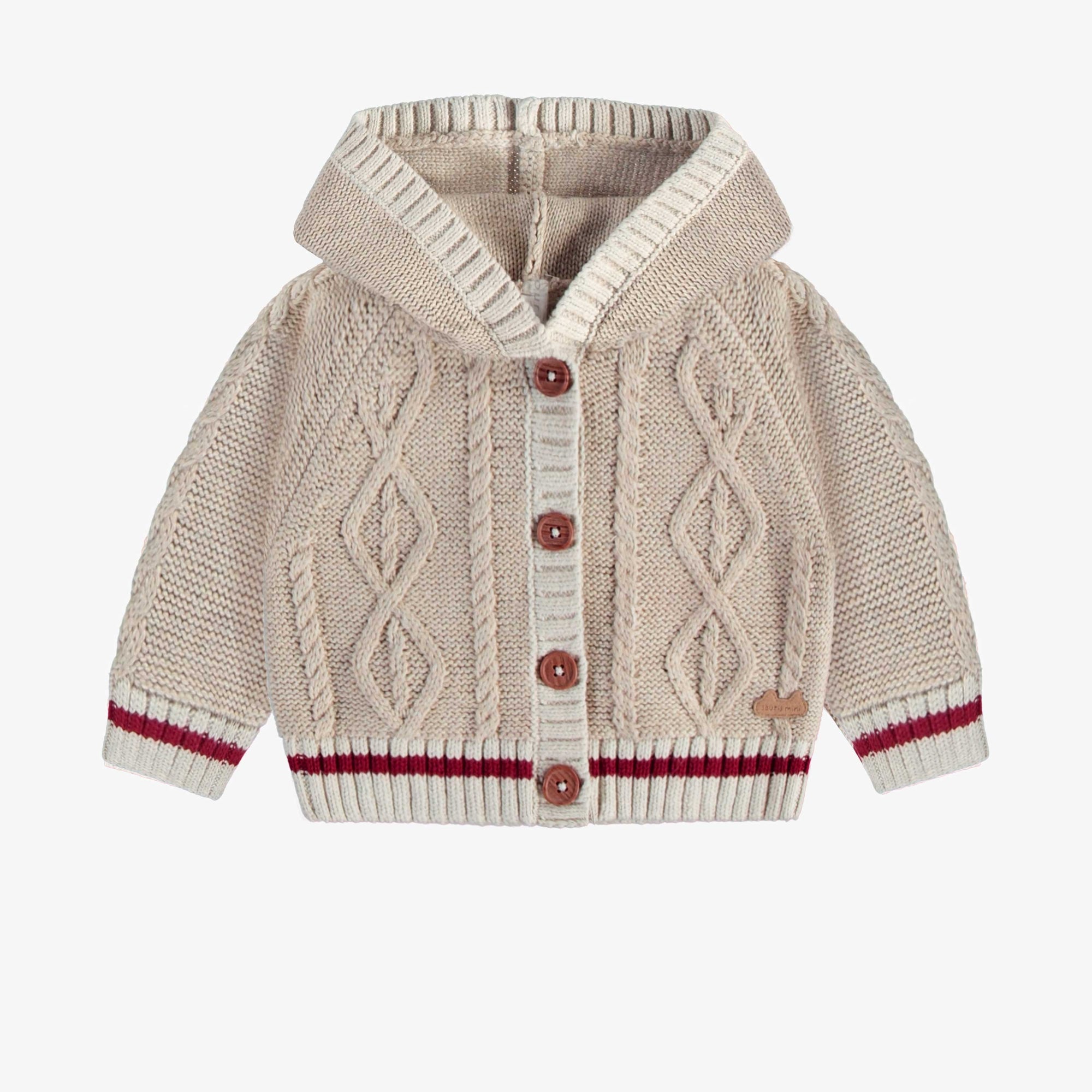 Cardigan de maille beige avec motifs tressés avec capuchon, naissance || Beige knit cardigan with braided pattern and hood, newborn