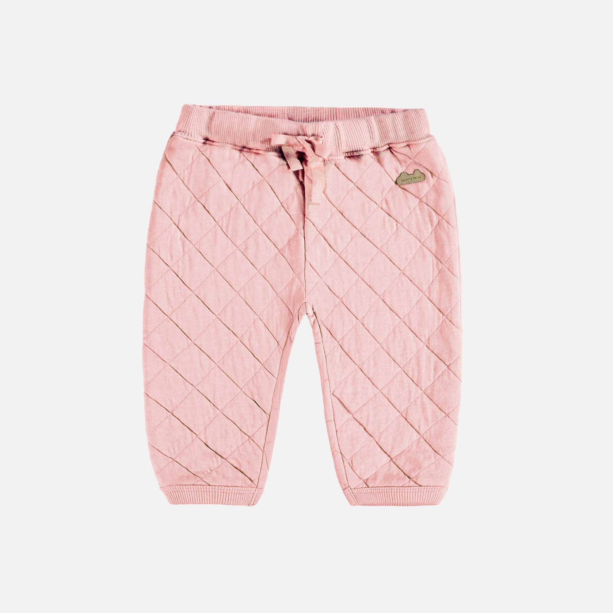 Pantalon rose pâle en jersey matelassé, naissance || Light pink pants in quilted jersey, newborn