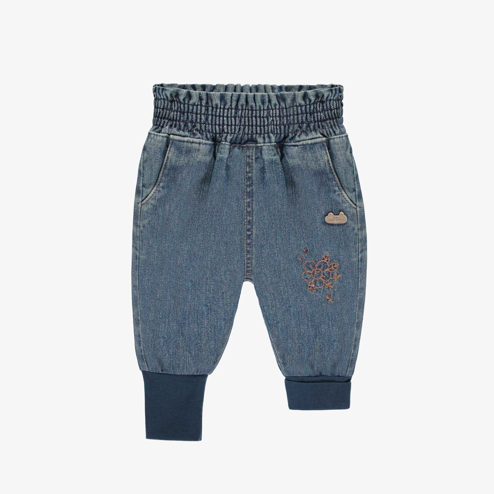 Pantalon coupe ample de style jogger en denim léger bleu moyen, naissance || Light blue denim loose fit pant, newborn